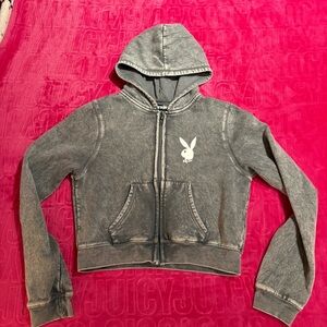 Playboy Bunny Acid Wash Zip-Up Hoodie – Grey